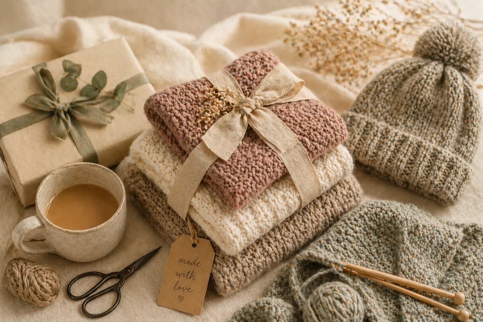 A selection of handmade knitting gift ideas including scarves and hats