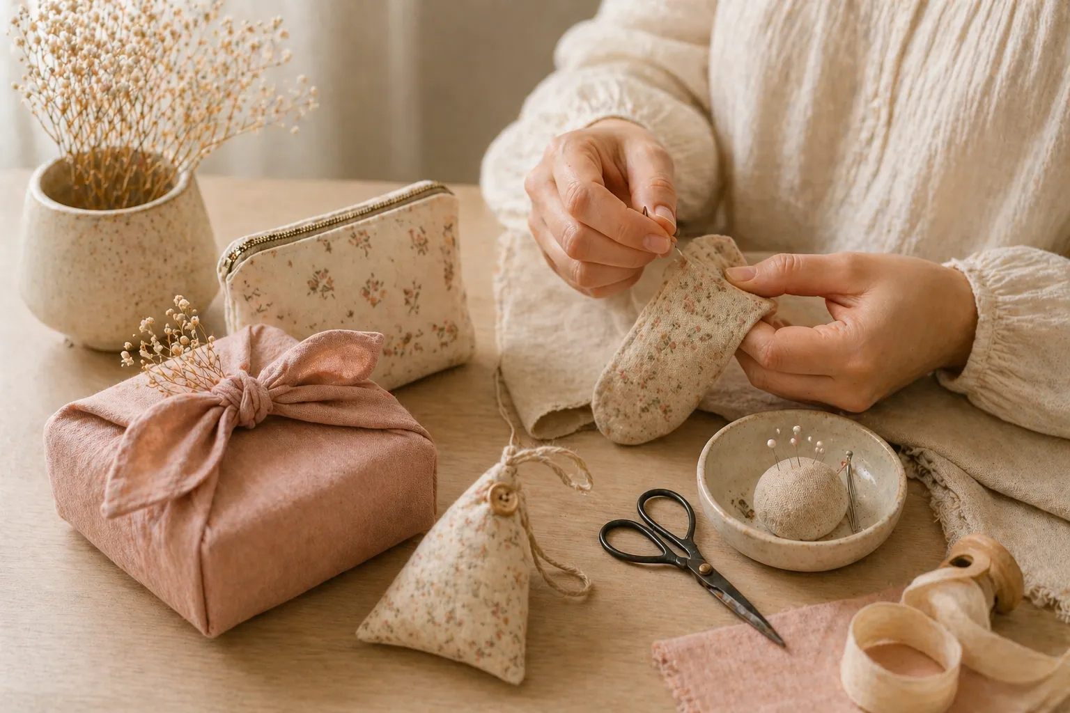 Handmade sewing gifts including pouches, tote bags and accessories