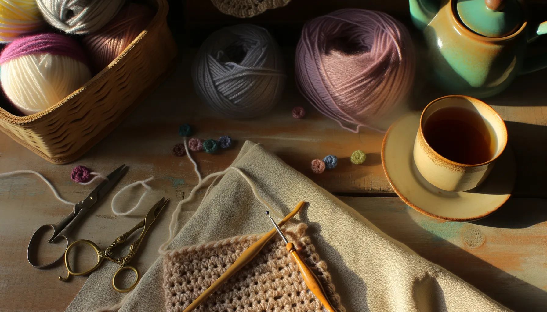 A beginner learning the six essential crochet stitches with yarn and hook