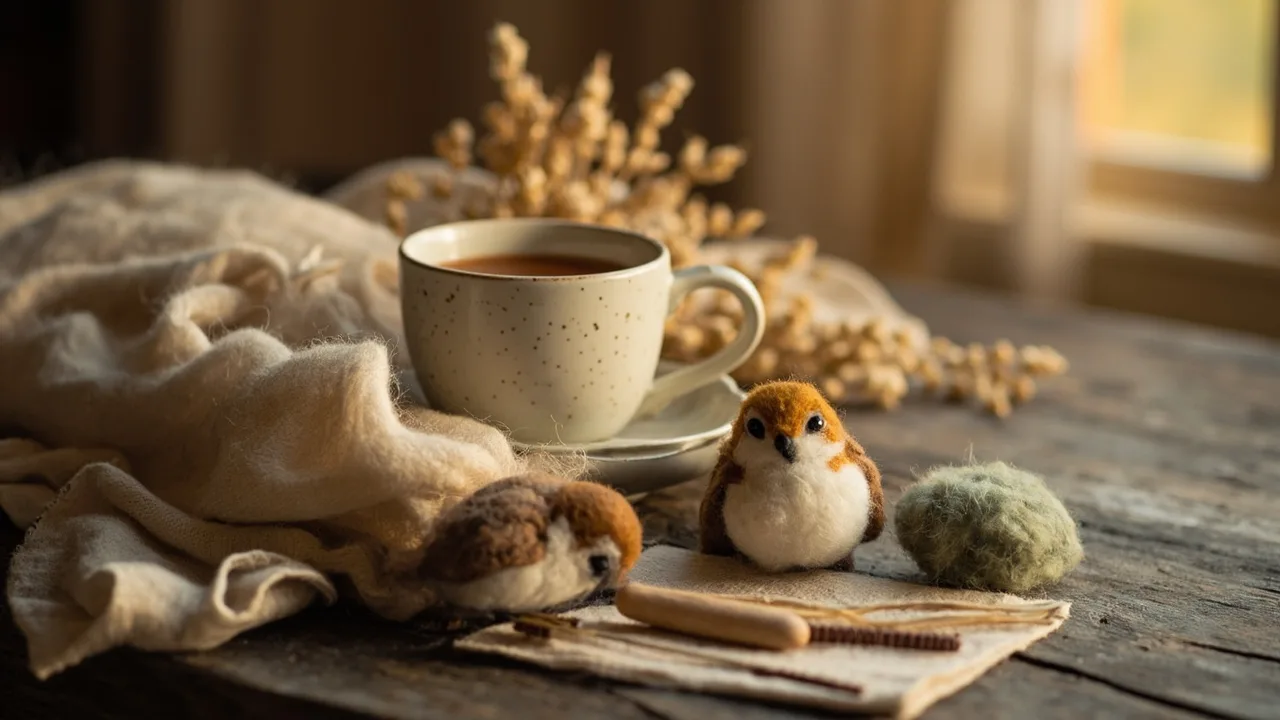 Flat-lay of a needle felting starter kit — carded wool, felting needles, a foam pad and finished felted robin and hedgehog