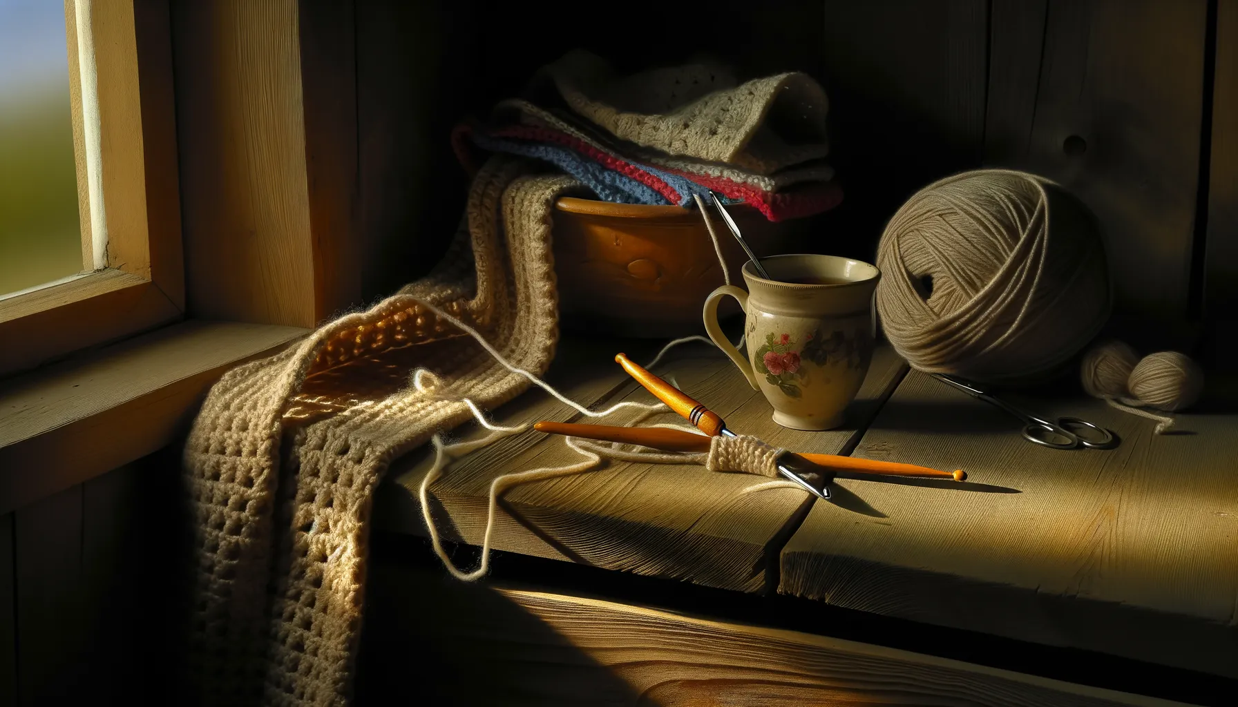A beginner teaching themselves crochet with yarn and a hook at home