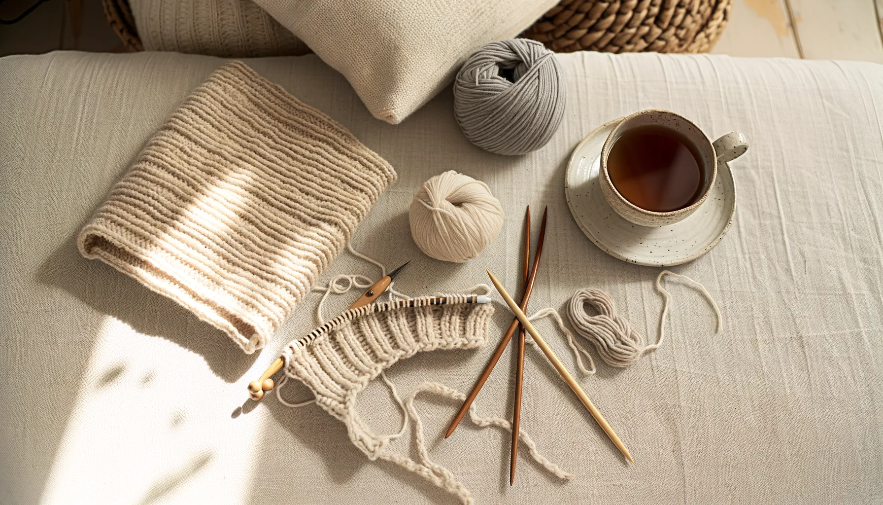 A beginner teaching themselves knitting with two needles and yarn