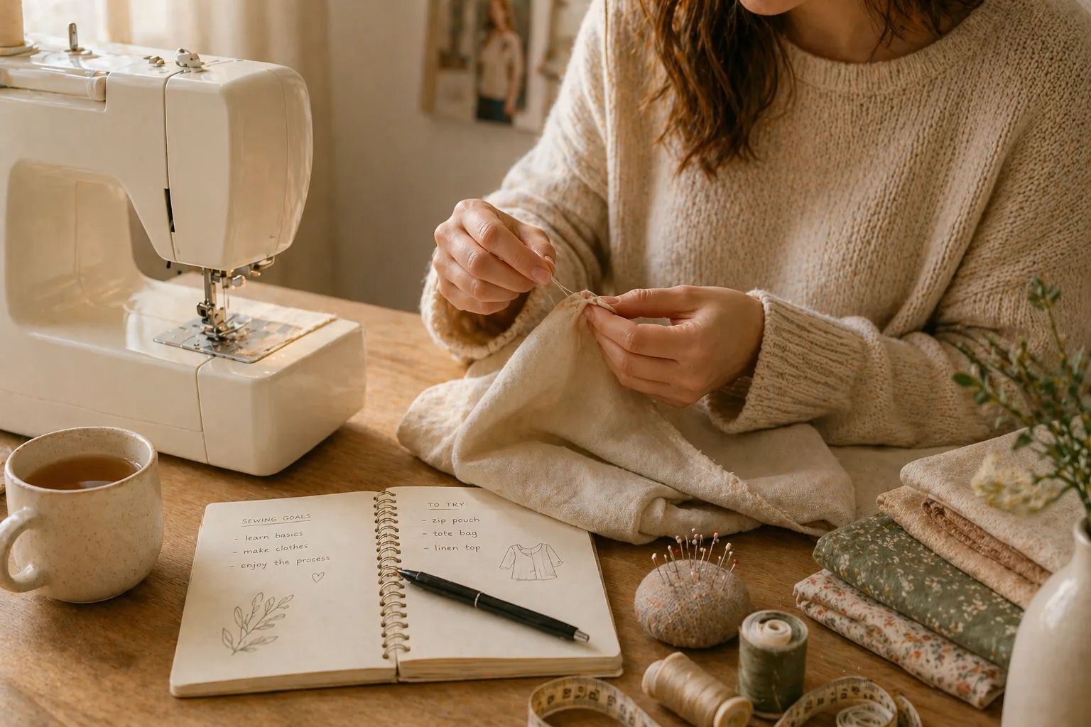 A beginner teaching themselves to sew at a sewing machine