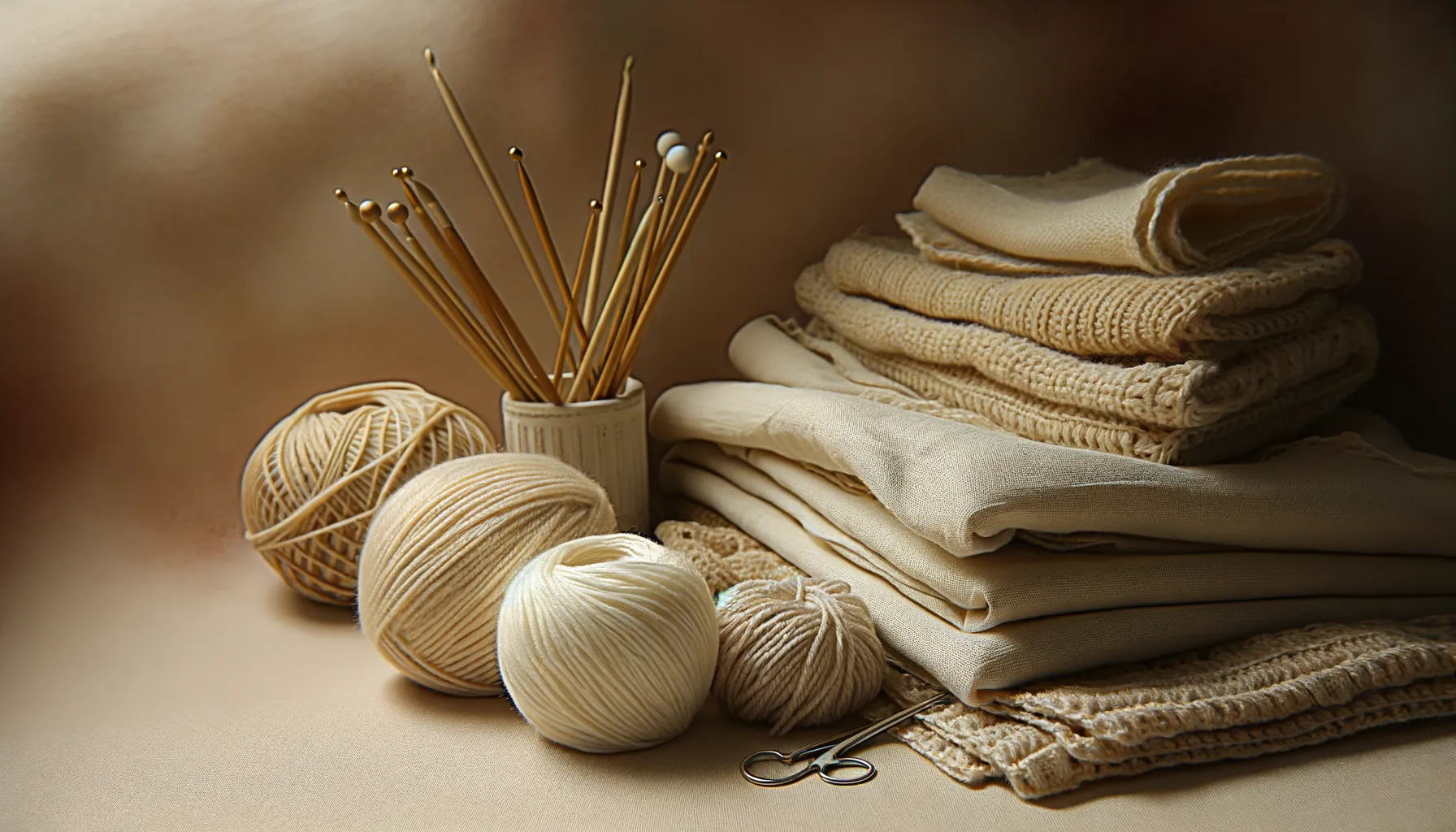 Crochet hook and knitting needles side by side to compare the two crafts