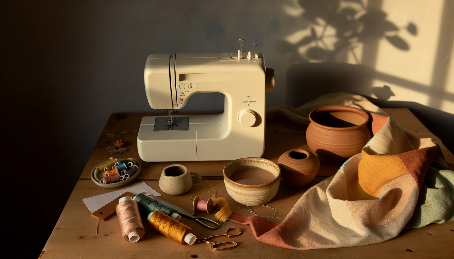 A sewing machine on a craft table with fabric and sewing accessories