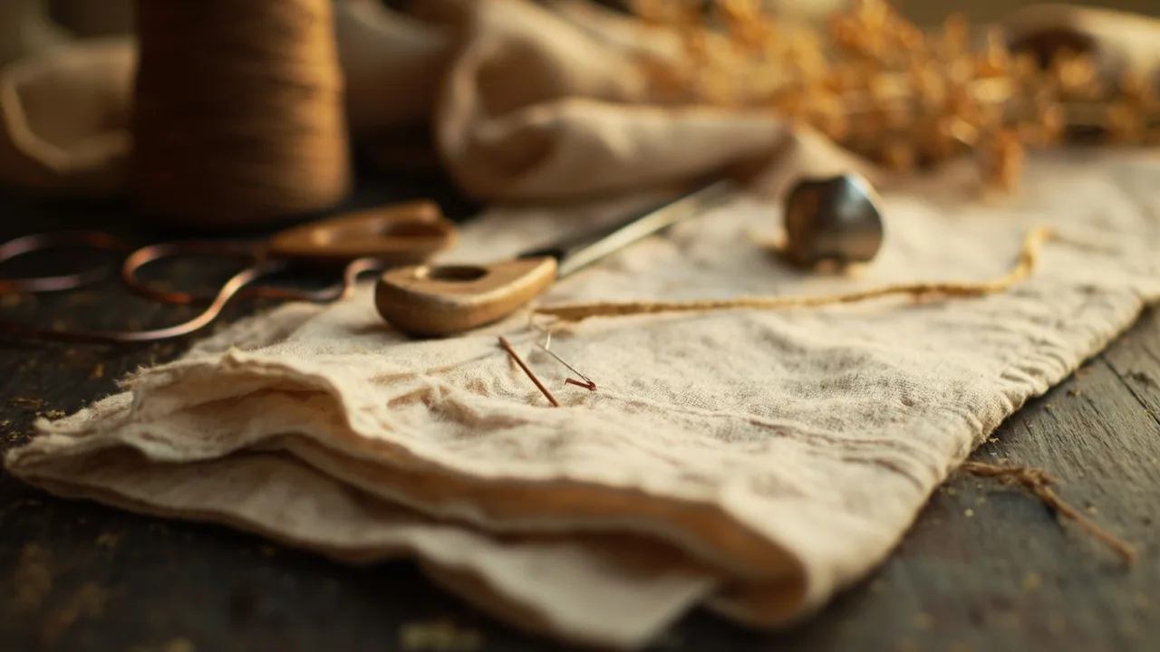 A threaded needle rests mid-stitch on a half-finished linen hem beside a vintage sewing machine, its bobbin and a neat row of colorful thread spools a