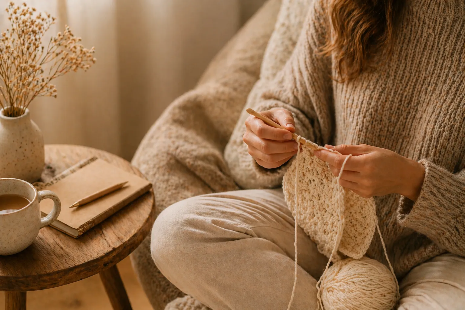 A person progressing through crochet practice showing a finished project