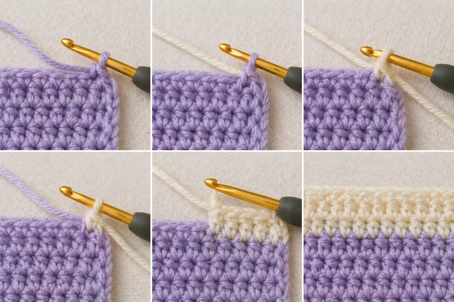Crochet work showing a seamless colour change using the invisible join technique