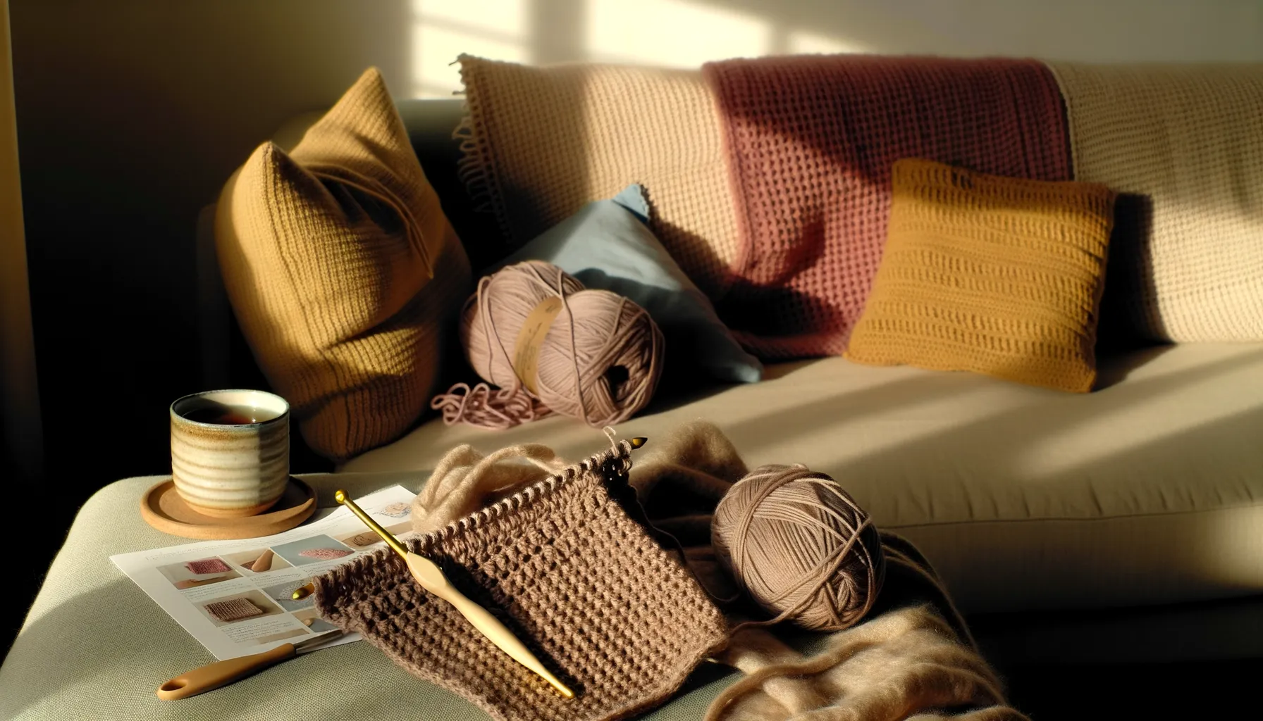 A cosy crocheted blanket in progress showing neat rows of stitches