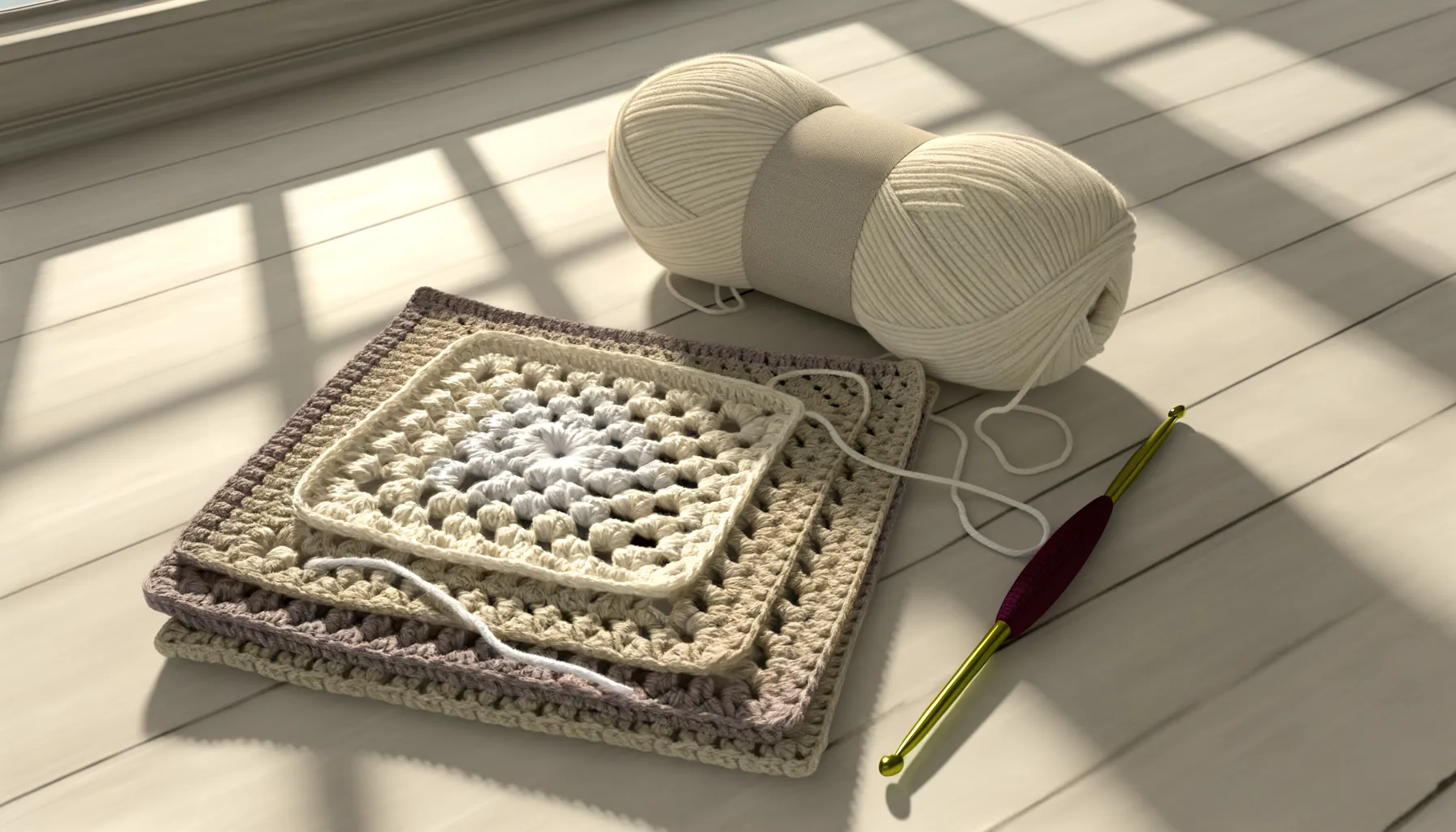 A classic crocheted granny square in multiple colours on a flat surface