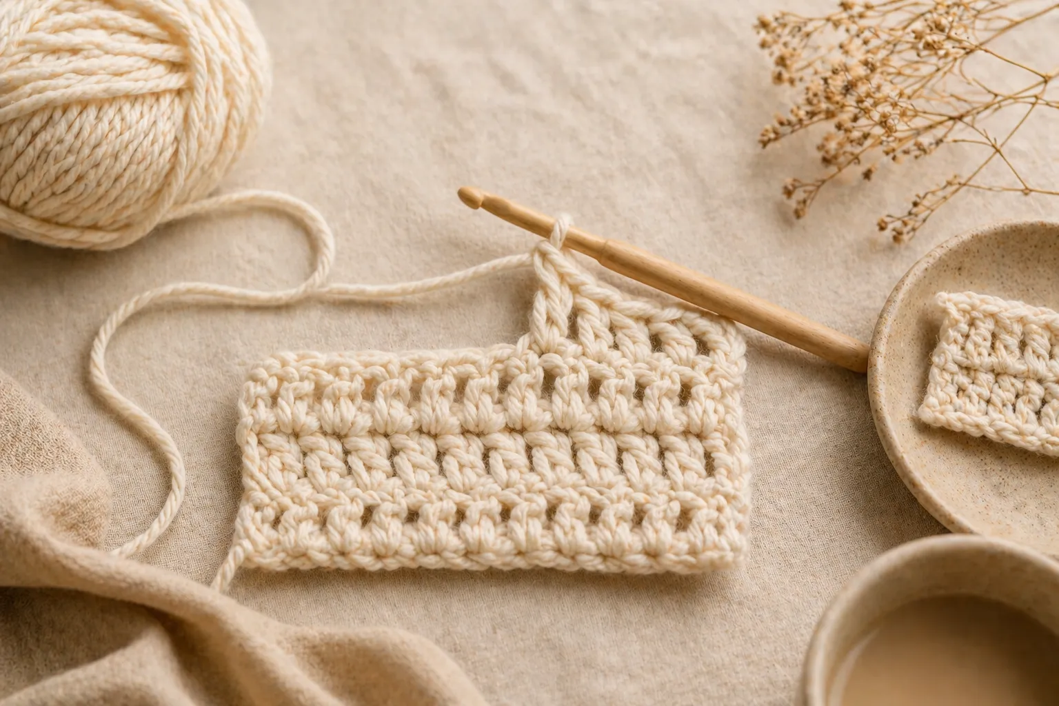 Step-by-step guide to working double crochet stitches with hook and yarn