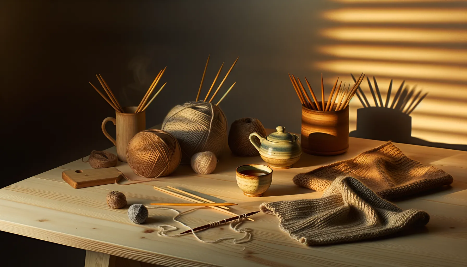 A beginner learning to knit with two needles and a ball of yarn