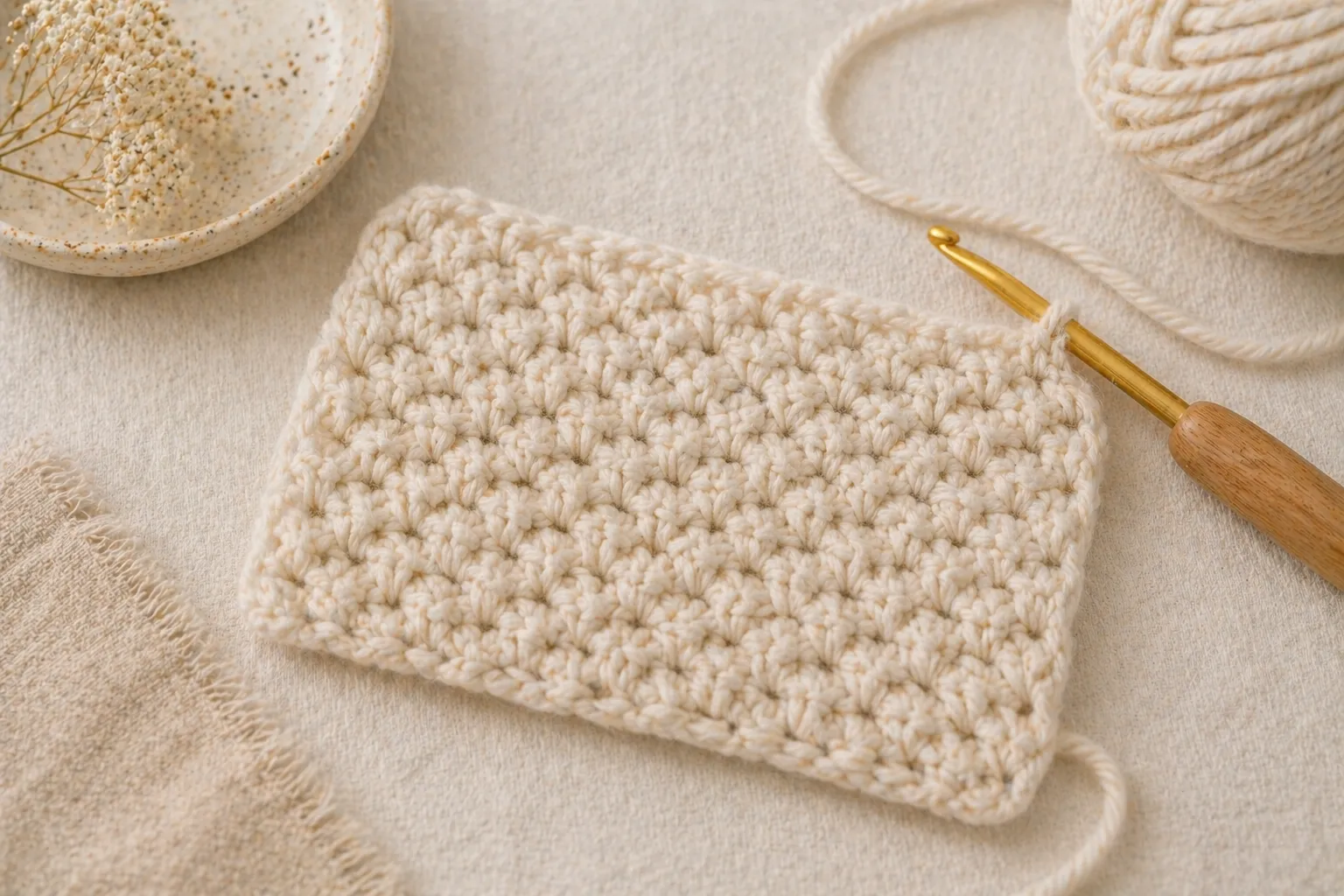 Textured moss stitch crochet fabric showing the alternating stitch pattern