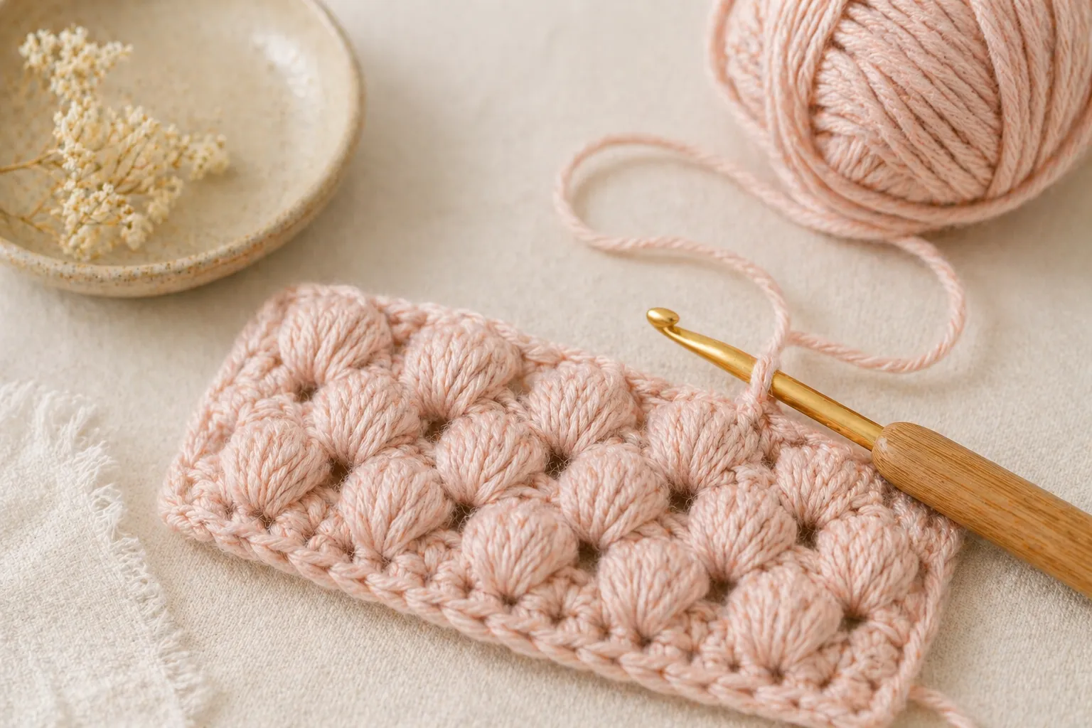 Soft rounded puff stitches in a crochet project showing the raised texture